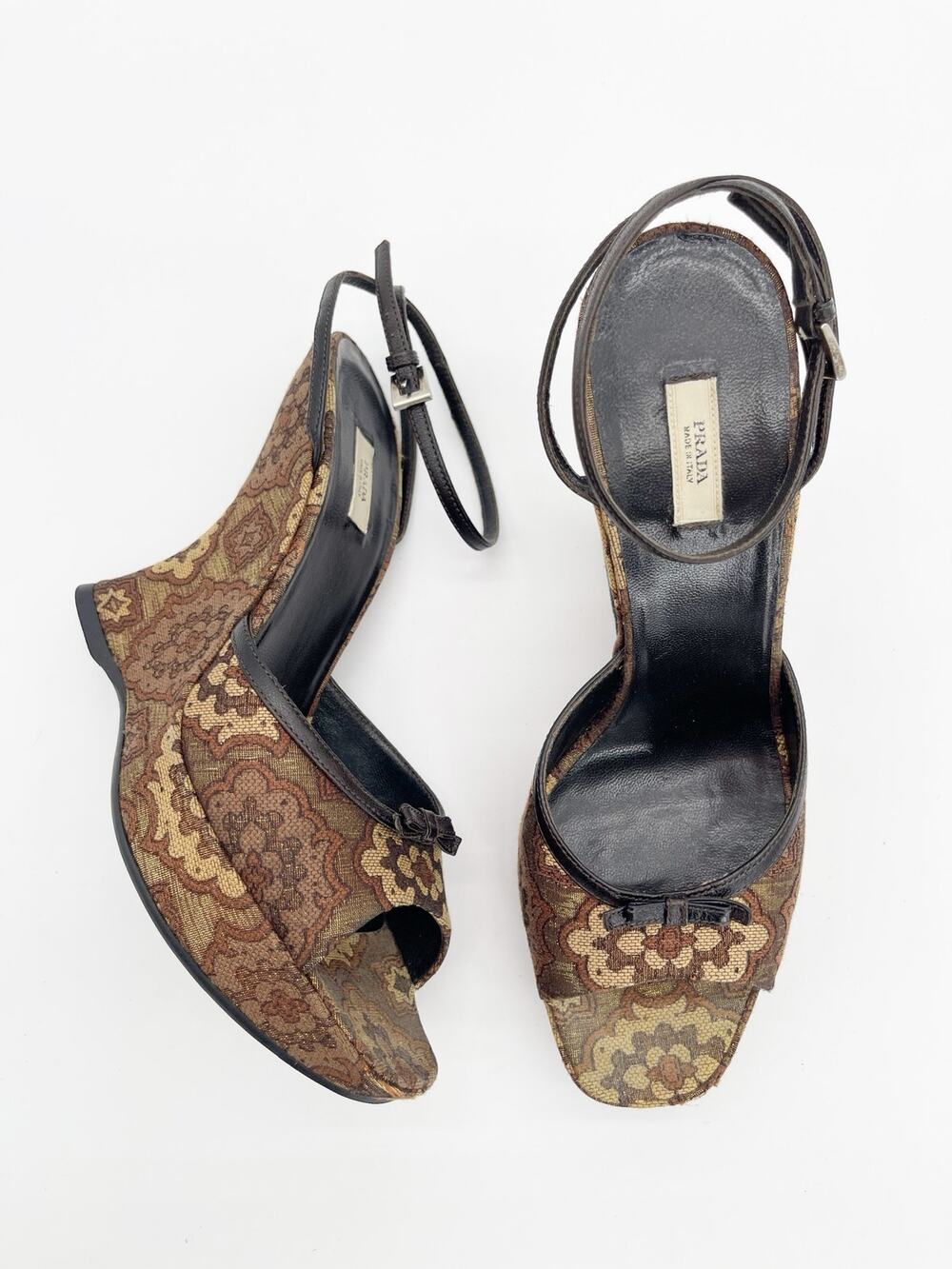 Prada Retro Y2K Brown Bronze Brocade Lurex Bow Sculptural Wedge Sandals IT 38.5